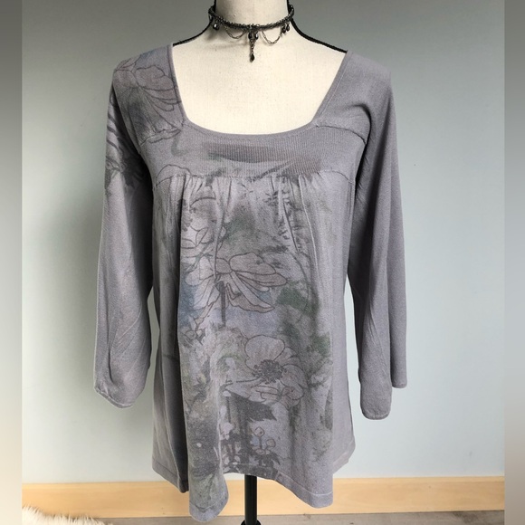 Apt. 9 Vintage Grey Floral Print Pullover Babydoll Sweater Size Large - Picture 3 of 6